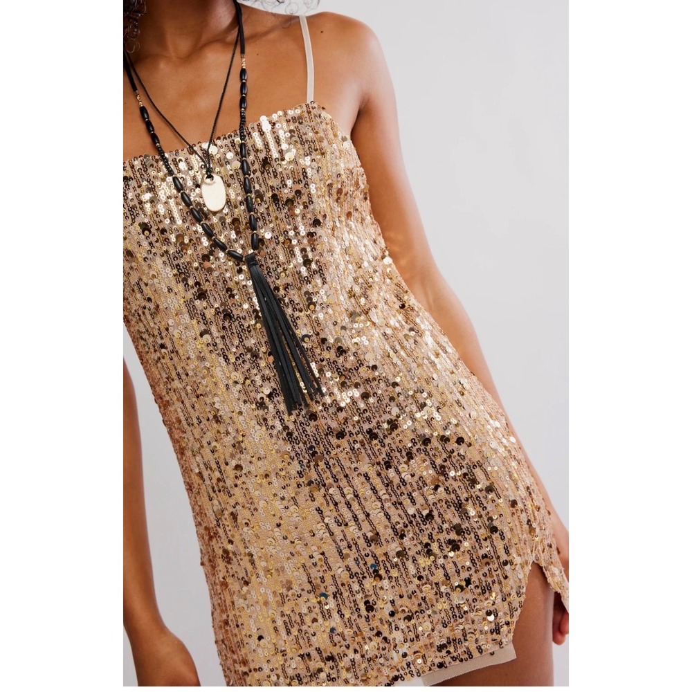 Free People Intimately Sequin midnight kiss Mini Dress sz M Gold cocktail